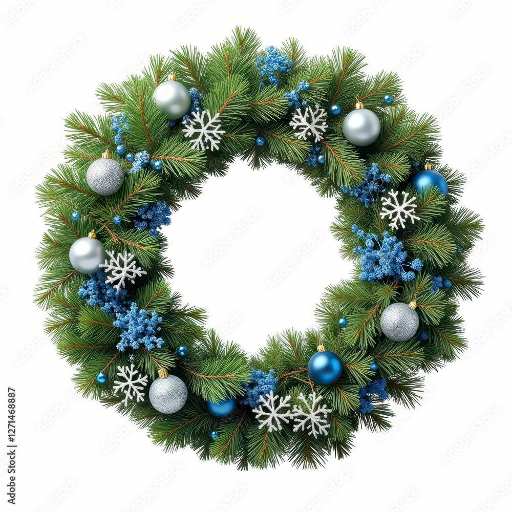 Festive Evergreen Christmas Wreath Adorned with Blue Accents and Silver Ornaments Holiday Decor Festive Evergreen Christmas Wreath Adorned with Blue Accents and Silver Ornaments Holiday Decor
