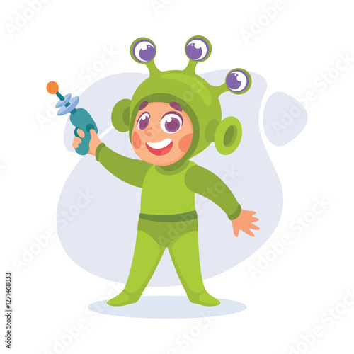 Boy Character in Costume with Weapon Playing Alien Vector Illustration