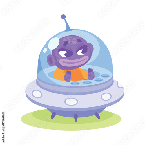 Purple Alien Character in Ufo Shuttle Vector Illustration