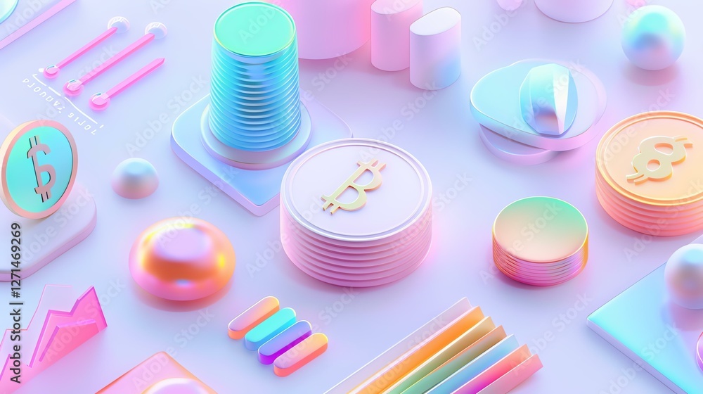 Colorful abstract representation of digital currency and financial elements. Colorful abstract representation of digital currency and financial elements.