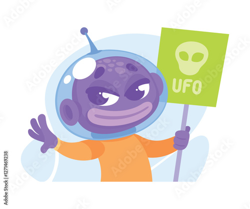 Purple Alien Character in Helmet Hold Banner Vector Illustration