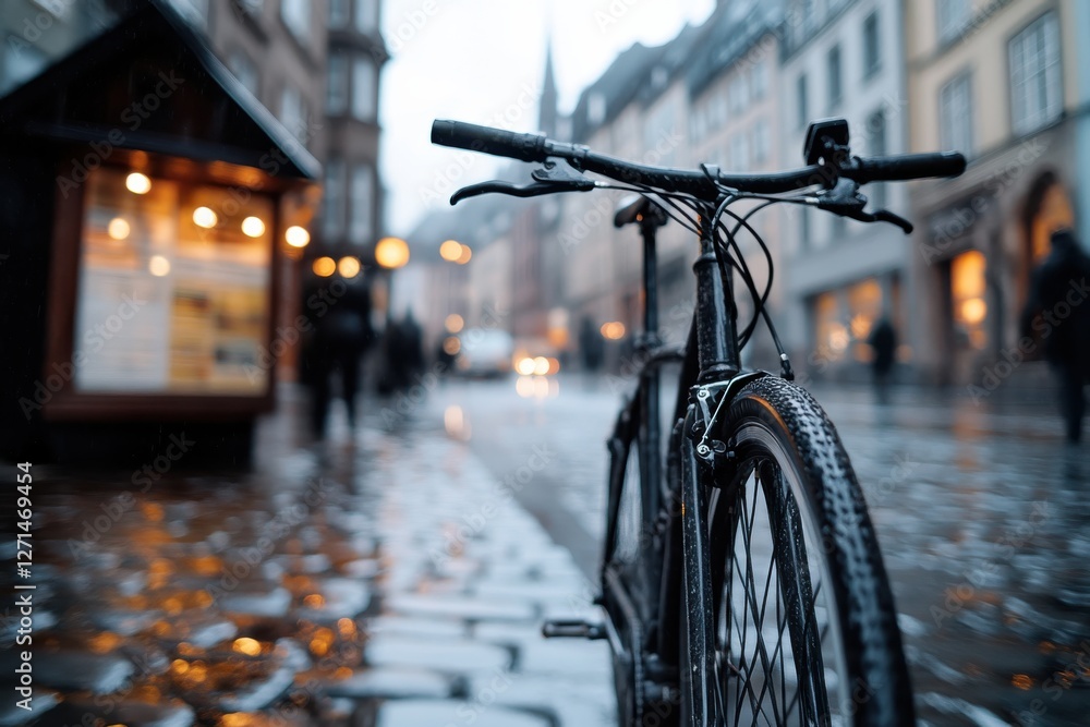 A black bicycle stands prominently in a quaint, rainy street, with reflections on the cobblestones creating a moody atmosphere and capturing the essence of urban life. A black bicycle stands prominently in a quaint, rainy street, with reflections on the cobblestones creating a moody atmosphere and capturing the essence of urban life.