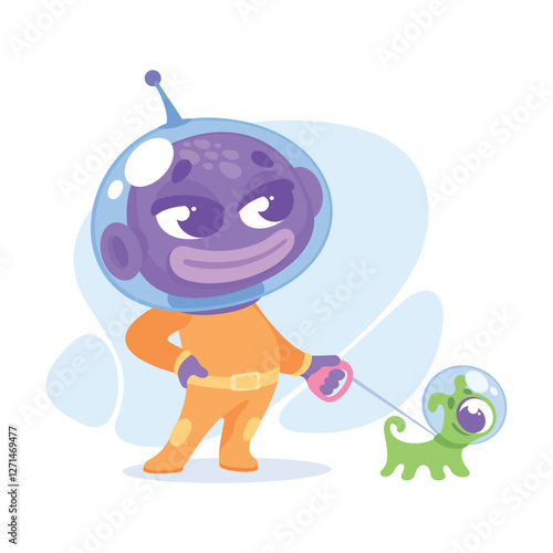 Purple Alien Character in Helmet Walk Dog Vector Illustration