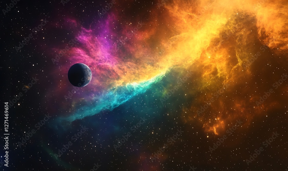 A vibrant cosmic scene featuring a colorful nebula and a distant planet. evoking a sense of wonder and mystery. A vibrant cosmic scene featuring a colorful nebula and a distant planet. evoking a sense of wonder and mystery.