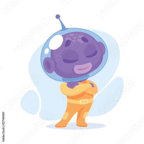 Purple Alien Character in Helmet Stand with Folded Arms Vector Illustration