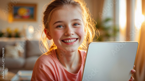 Young smiling girl with white laptop