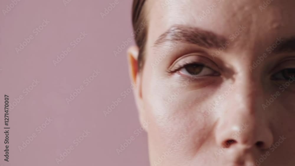Slow motion portrait of a young woman with perfect skin closing and opening her eyes on a pink background, ideal for beauty, cosmetics, and wellness projects Slow motion portrait of a young woman with perfect skin closing and opening her eyes on a pink background, ideal for beauty, cosmetics, and wellness projects