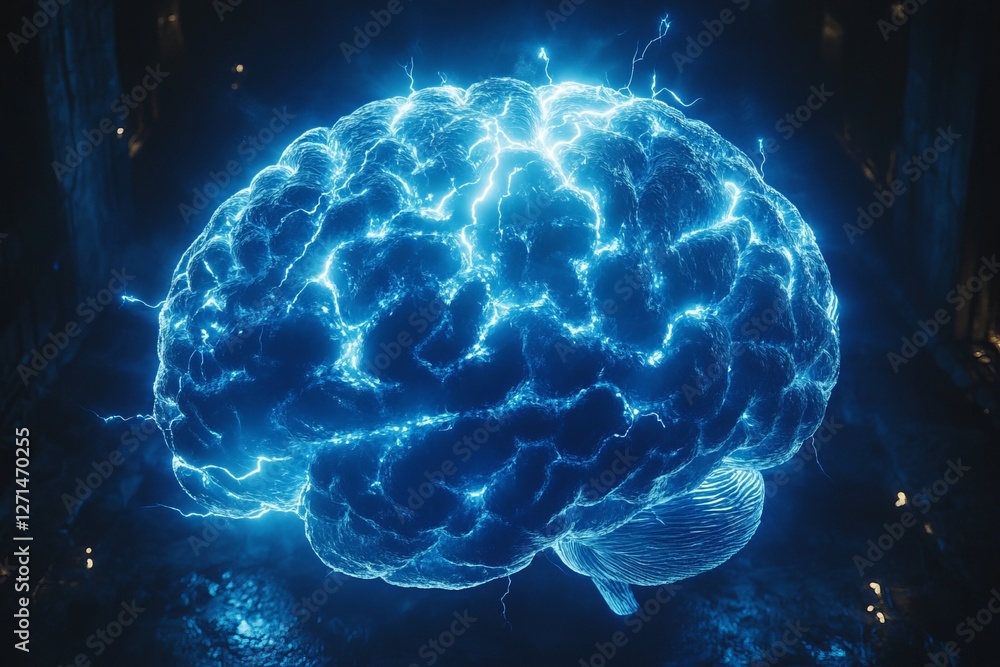 Graphic representation of brain power or neurology, glowing brain with lightning bolts around it, representing the concept of high energy and concentration Graphic representation of brain power or neurology, glowing brain with lightning bolts around it, representing the concept of high energy and concentration
