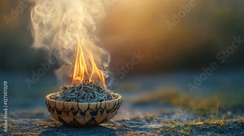 Burning sage bundle in dim light for energy cleansing and spiritual rituals, ideal for meditation blogs, websites, and wellness use