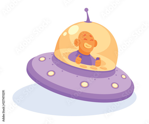 Alien Character Fly in Ufo Shuttle Vector Illustration