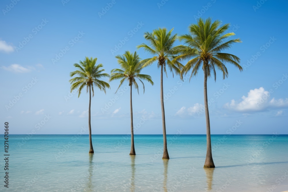 Fototapeta premium three palm trees are standing in the water on a beach