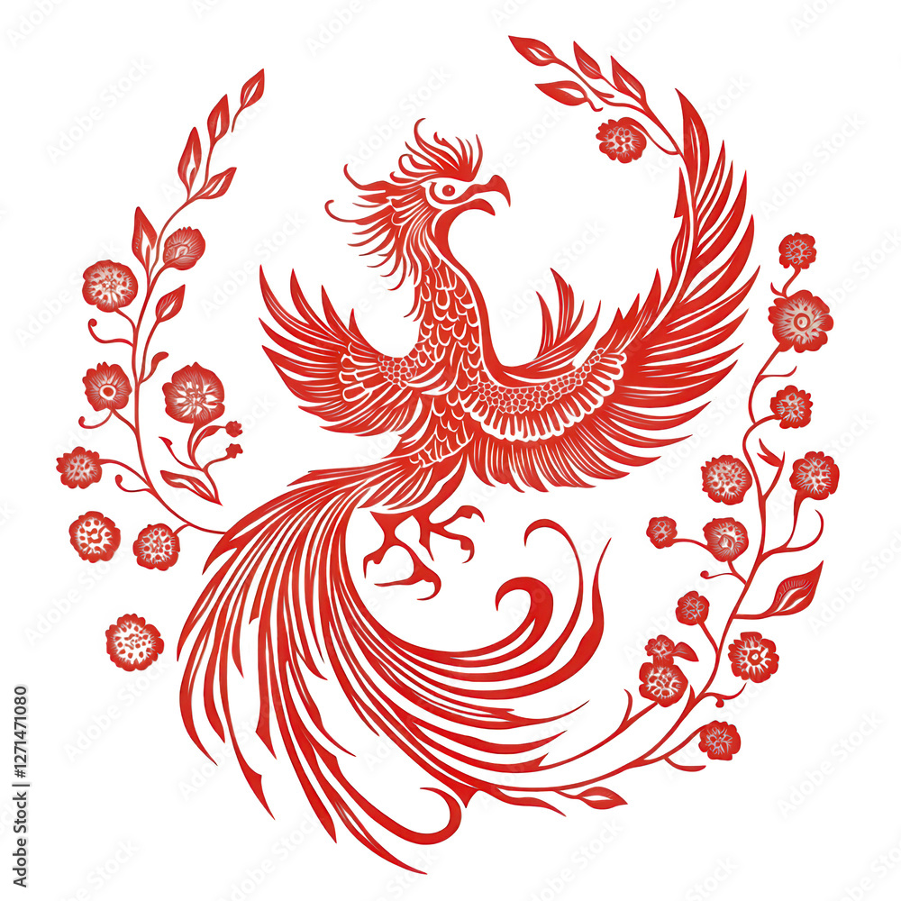 Red Paper Cuttings works, the phoenix is the divine bird in traditional Chinese mythology Red Paper Cuttings works, the phoenix is the divine bird in traditional Chinese mythology