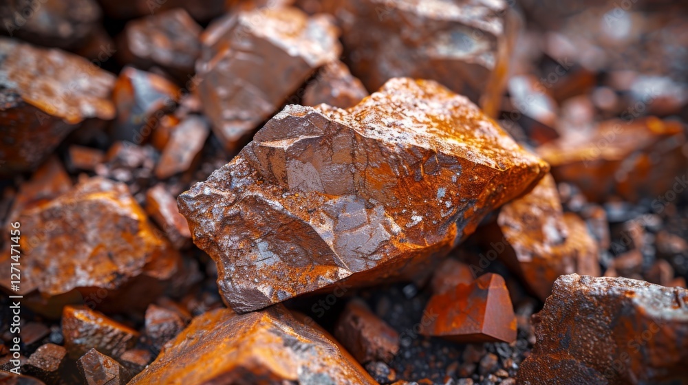 Shimmering mineral rocks with a rich orange and brown hue lie scattered on a rough ground. Sunlight emphasizes their distinct shapes and textures, highlighting natural beauty. Shimmering mineral rocks with a rich orange and brown hue lie scattered on a rough ground. Sunlight emphasizes their distinct shapes and textures, highlighting natural beauty.