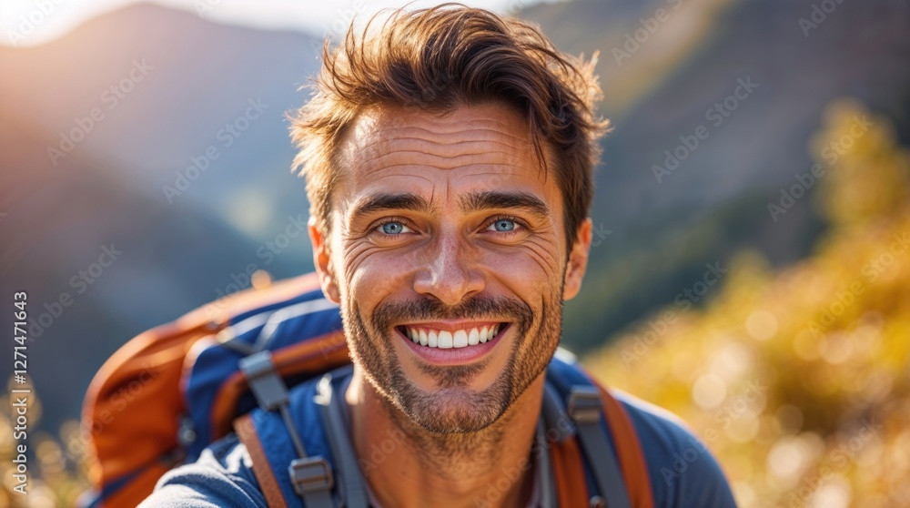 Face portrait of a smiling man in the mountains. Mountain hiking sport Face portrait of a smiling man in the mountains. Mountain hiking sport