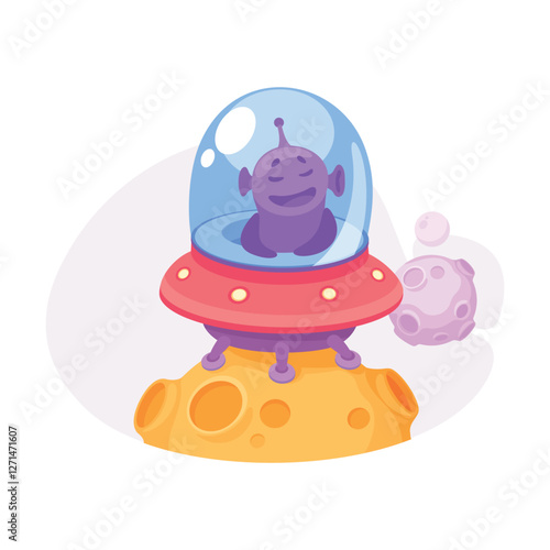 Purple Alien Character in Ufo Shuttle Vector Illustration