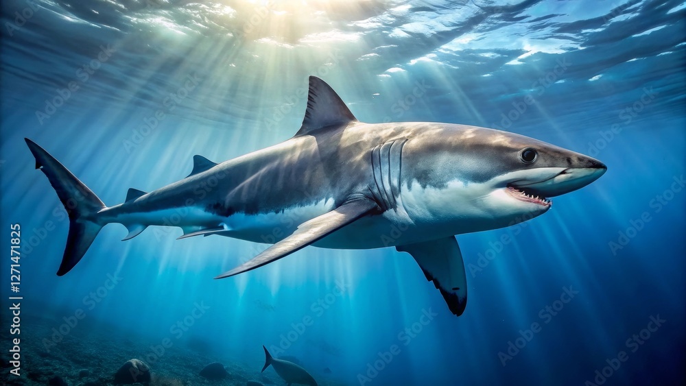 Fototapeta premium Majestic Great White Shark Illuminated by Sunbeams in Deep Ocean Waters