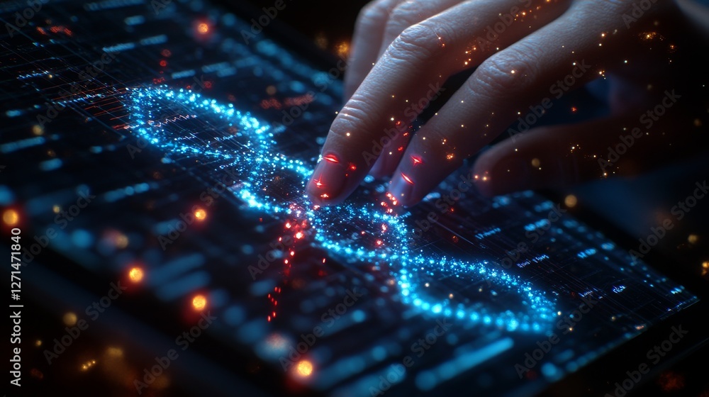 Fototapeta premium Hand interacting with a glowing DNA double helix on a digital screen.