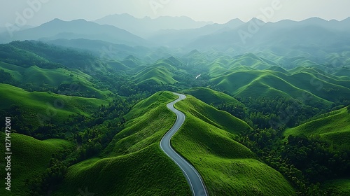 Rolling hills and endless road with lush green hills and a scenic view, all in clear weather. 