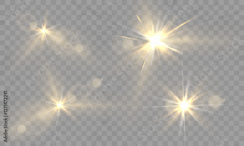 Glowing gold light bursts, lens flare set, radiant sparkles, transparent overlay, warm illumination, starry highlights, soft bokeh, luminous refractions, abstract shining effects, golden glow accents