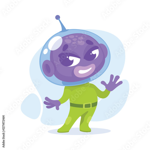 Purple Alien Character in Helmet Wave Hand Vector Illustration.