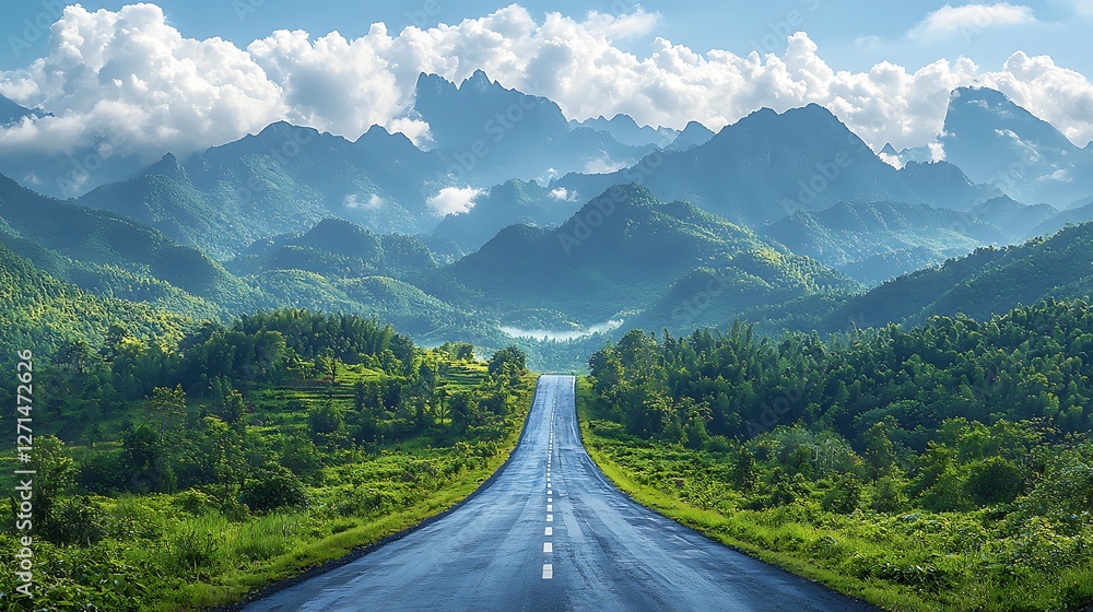 Naklejka premium Smooth asphalt and puffy white clouds over a verdant mountain landscape, with a sunny day and well-paved road. 