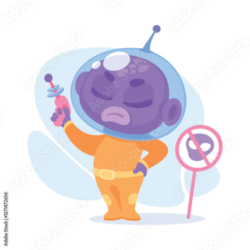Purple Alien Character in Helmet Stand with Pistol Vector Illustration