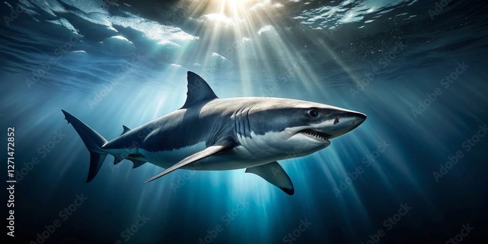 Fototapeta premium Majestic Great White Shark Illuminated by Sunbeams in Deep Ocean Waters