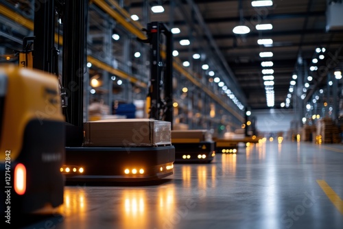 A dynamic view of an industrial warehouse filled with automated forklifts machinery illuminated by bright lights portrays the future of logistics and technology-driven efficiency. photo