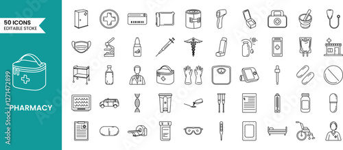 Pharmacy icon set in line style. Containing healthcare, doctor, hospital, bandage, medicine, health and more. Vector illustration