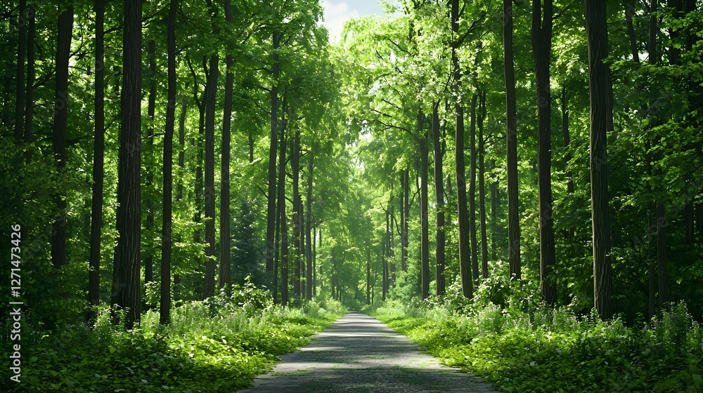 Fototapeta premium Sunlit Path Through Lush Green Forest