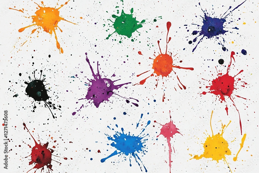 Artistic Watercolor Splatter Design Element: Vibrant, expressive paint splatters on a pristine white background, perfect for adding a touch of creative flair to your designs, invitations, websites, or Artistic Watercolor Splatter Design Element: Vibrant, expressive paint splatters on a pristine white background, perfect for adding a touch of creative flair to your designs, invitations, websites, or