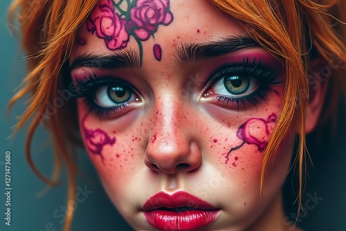 Artistic Face Paint with Flowers and Hearts - Closeup Makeup Design