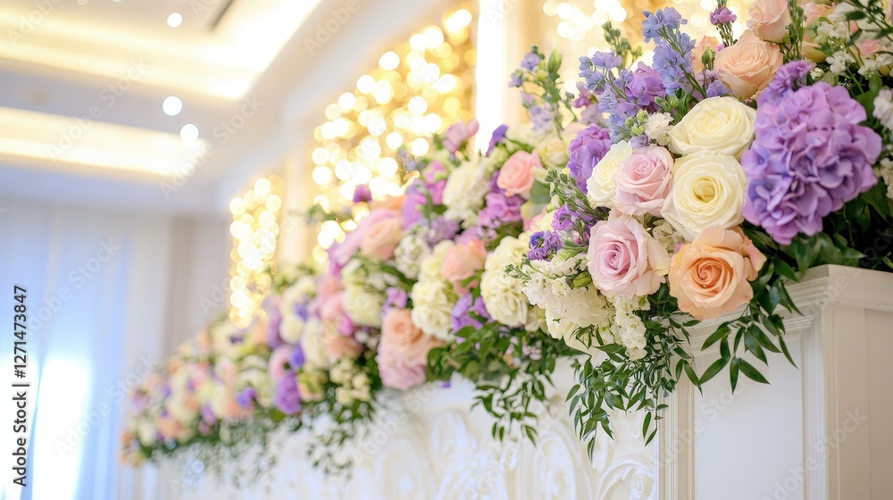 A beautifully arranged floral decoration featuring an array of pastel roses and lavender blooms, set against an elegant backdrop. A beautifully arranged floral decoration featuring an array of pastel roses and lavender blooms, set against an elegant backdrop.