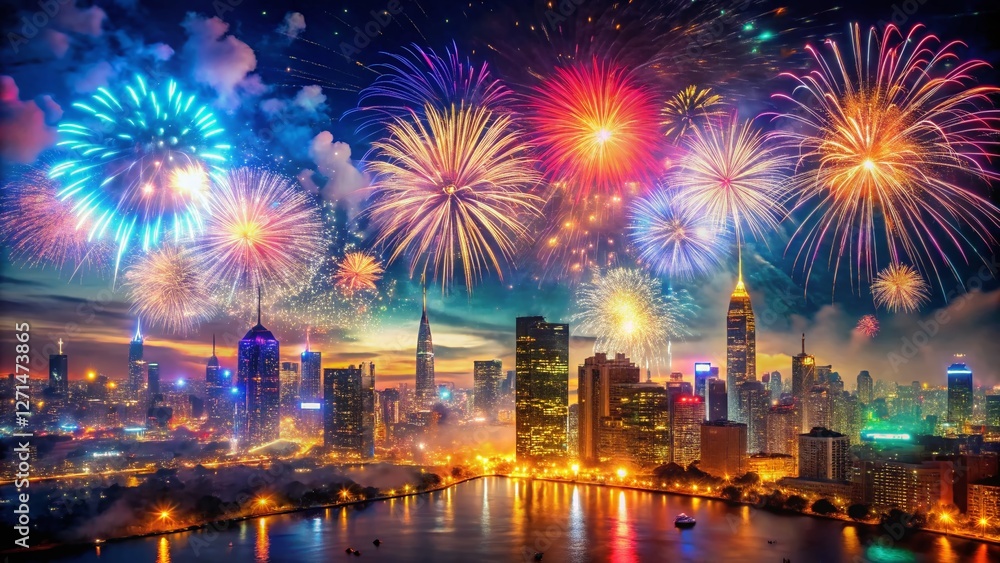 2025 New Year Fireworks: Double Exposure Cityscape & Celebration 2025 New Year Fireworks: Double Exposure Cityscape & Celebration