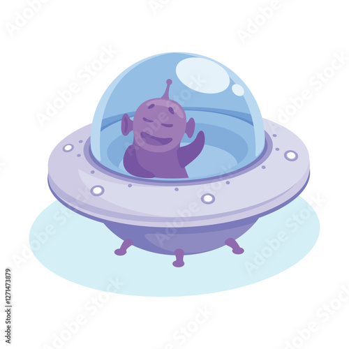 Purple Alien Character in Ufo Shuttle Vector Illustration