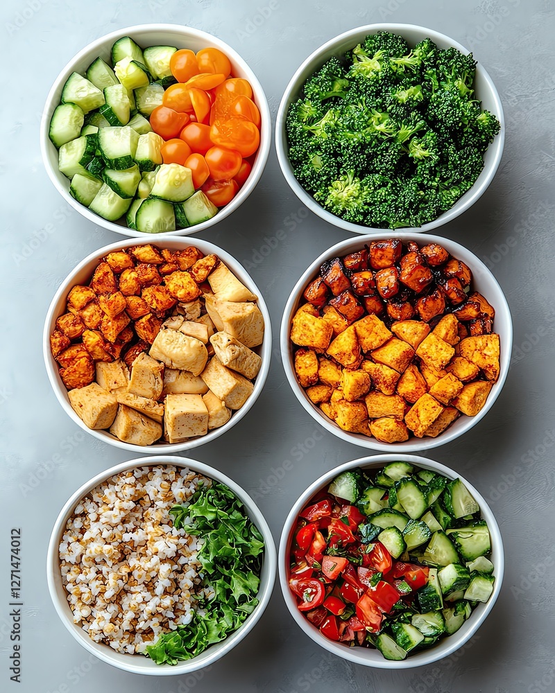Healthy bowls filled with fresh vegetables and grains. Healthy bowls filled with fresh vegetables and grains.