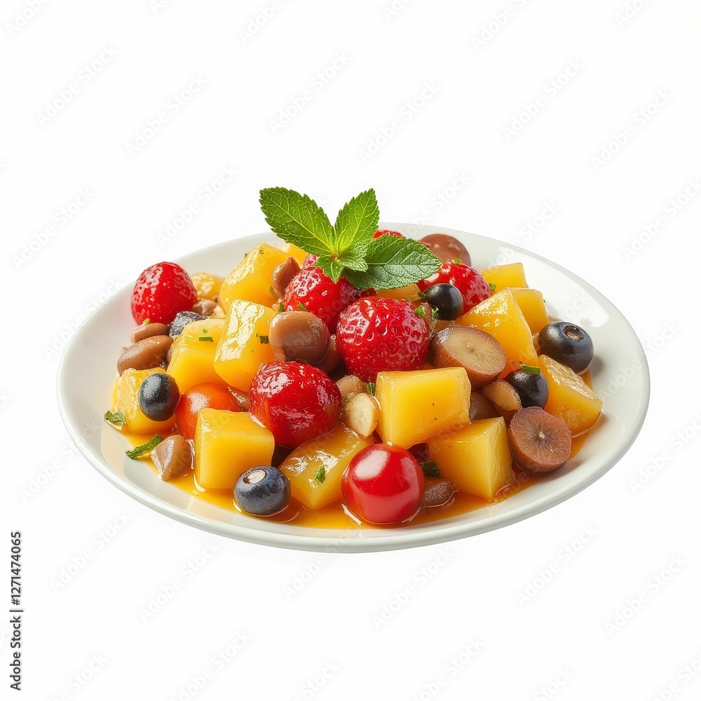 Delightful Fruit Medley with Berries and Mango Chunks Topped with Fresh Mint on a White Plate Delightful Fruit Medley with Berries and Mango Chunks Topped with Fresh Mint on a White Plate