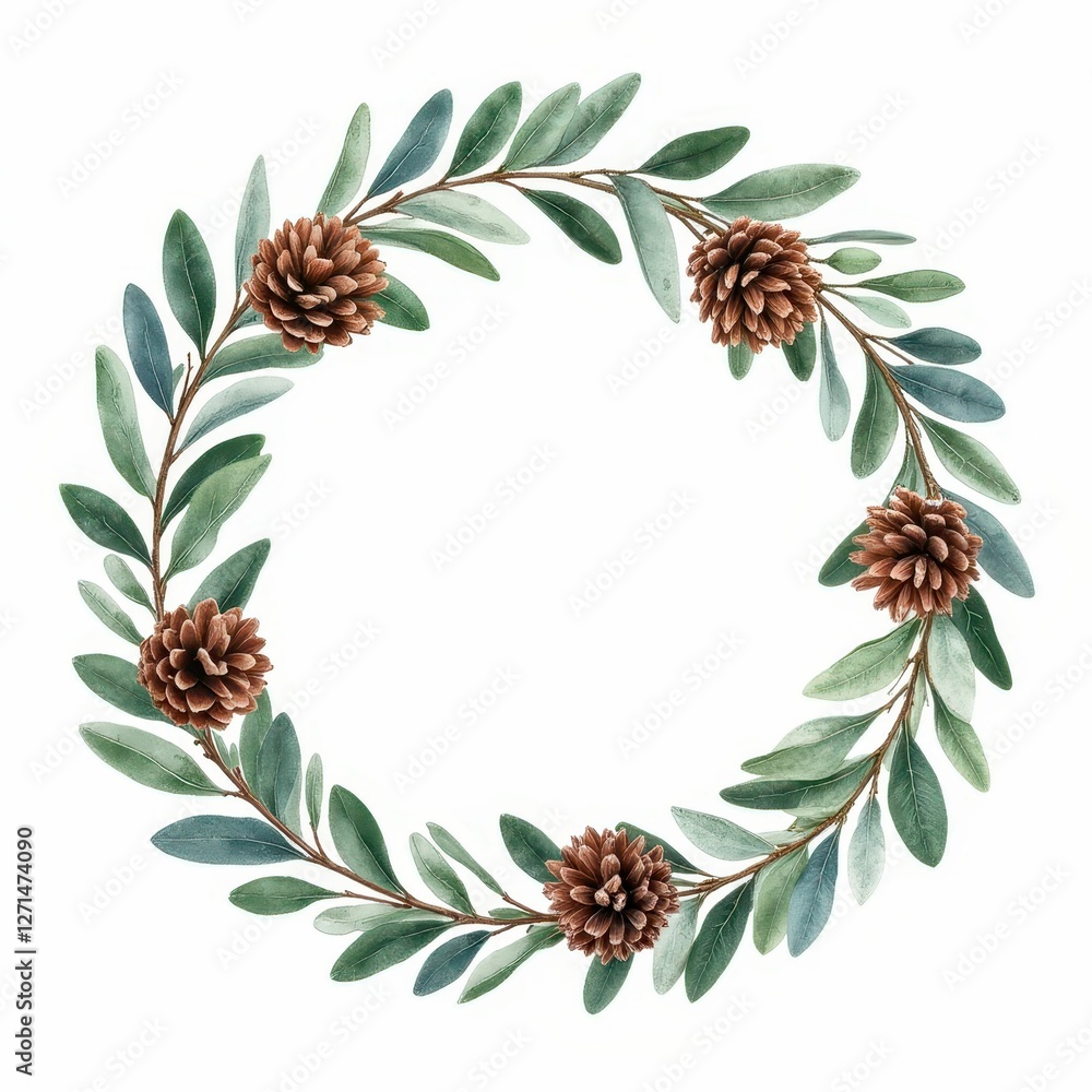 Fototapeta premium Elegant Watercolor Pine Cone and Foliage Wreath for Holiday Decor or Botanical Illustration