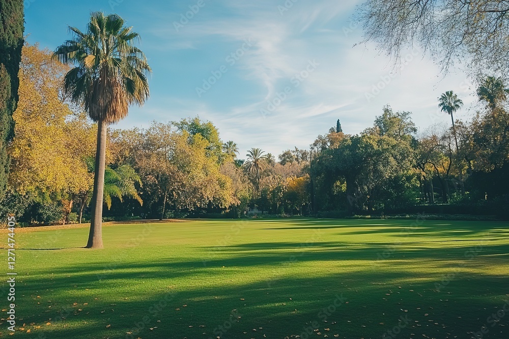 Obraz premium Serene Green Lawn Landscape: Lush Grass, Majestic Trees, Tranquil Park Setting. Perfect for real estate, travel, nature, and environmental projects. Ideal for websites, brochures, and marketing 