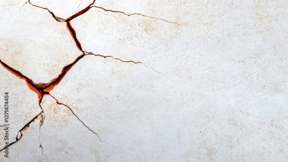 Fototapeta premium Cracked white wall texture showing red underlayer and natural patterns