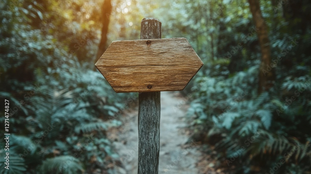Naklejka premium A weathered wooden signpost stands in a dense green forest, guiding travelers through nature