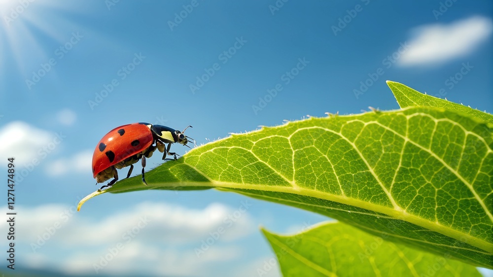 Obraz premium Ladybug's Sunlit Perch: A vibrant ladybug rests on the edge of a lush green leaf, basking in the radiant sunshine against a brilliant blue sky. A moment of natural beauty.
