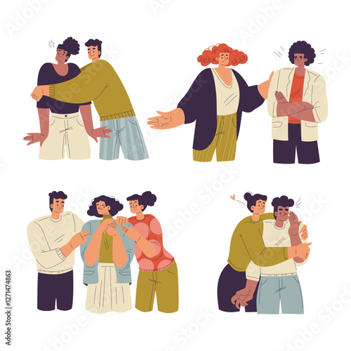 Unwanted Hugs with Man and Woman Feel Annoyed from Unwelcome Awkward Touch Vector Set
