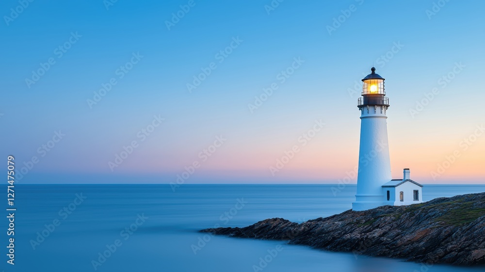 A serene lighthouse stands on a rocky shore, illuminated against a tranquil ocean and soft twilight sky. A serene lighthouse stands on a rocky shore, illuminated against a tranquil ocean and soft twilight sky.