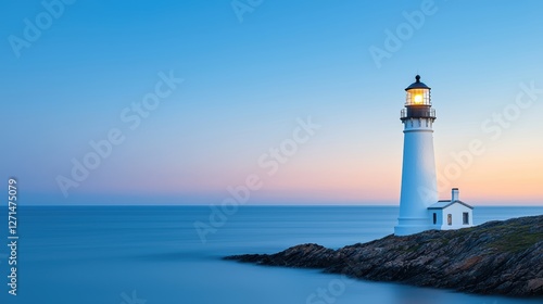 Wallpaper Mural A serene lighthouse stands on a rocky shore, illuminated against a tranquil ocean and soft twilight sky. Torontodigital.ca