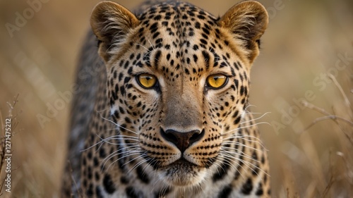 Close up of leopard face, look at camera