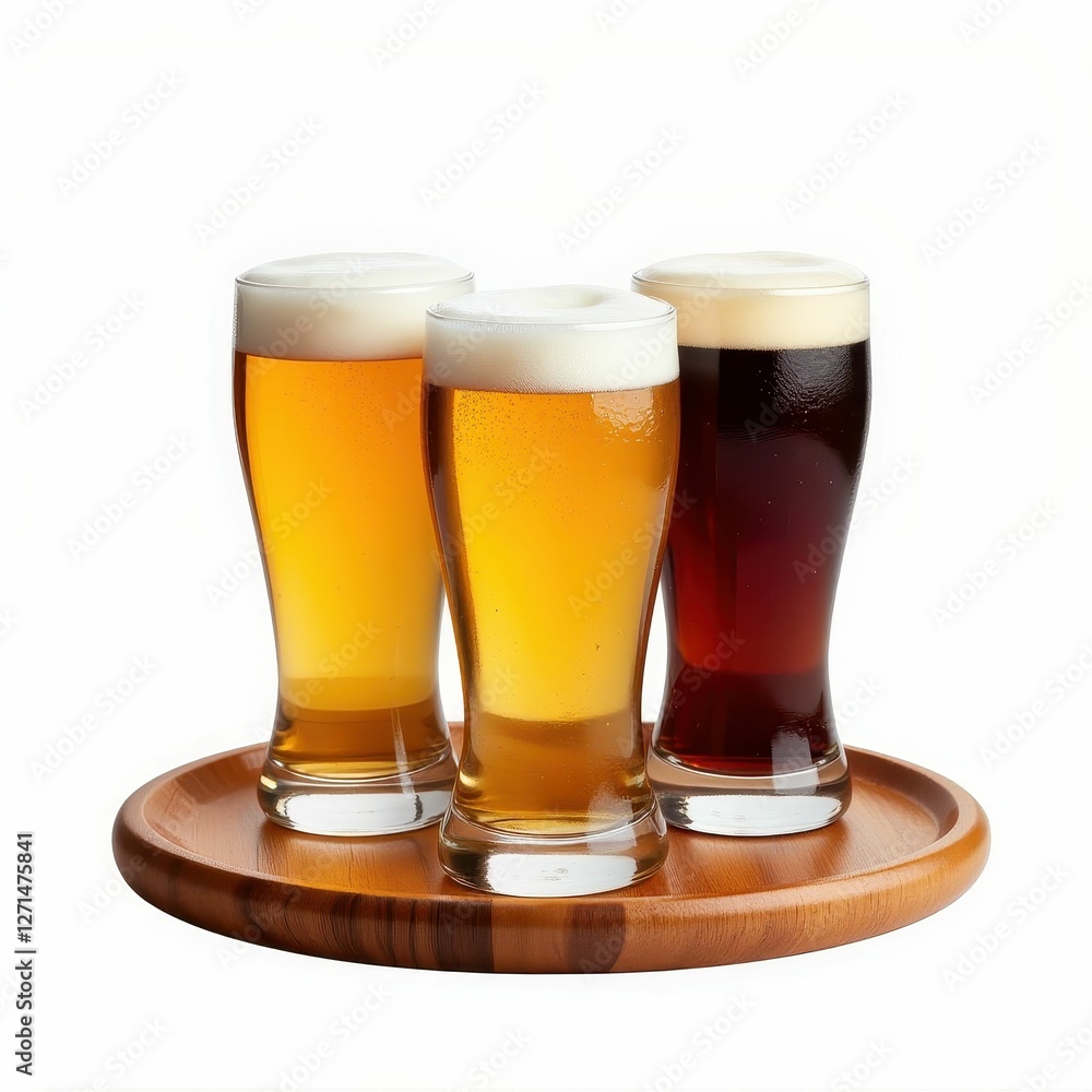 Three Glasses of Varied Beers on Wooden Tray Displaying Different Styles and Colors Rich and Bubbly Three Glasses of Varied Beers on Wooden Tray Displaying Different Styles and Colors Rich and Bubbly