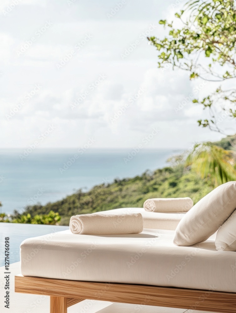 Luxurious poolside seating with ocean view and rolled towels on a sunny day Luxurious poolside seating with ocean view and rolled towels on a sunny day