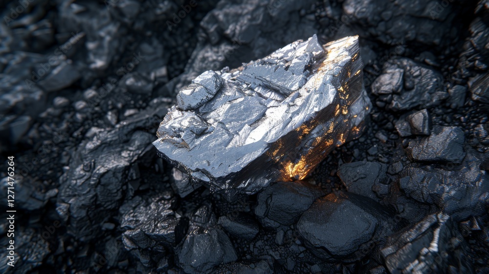 A shiny mineral rock is prominently displayed amidst dark coal pieces at a mining site. The sunlight reflects off the rock, highlighting its metallic surface. A shiny mineral rock is prominently displayed amidst dark coal pieces at a mining site. The sunlight reflects off the rock, highlighting its metallic surface.