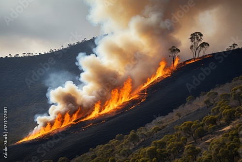 flames are seen from a hillside as a fire burns photo